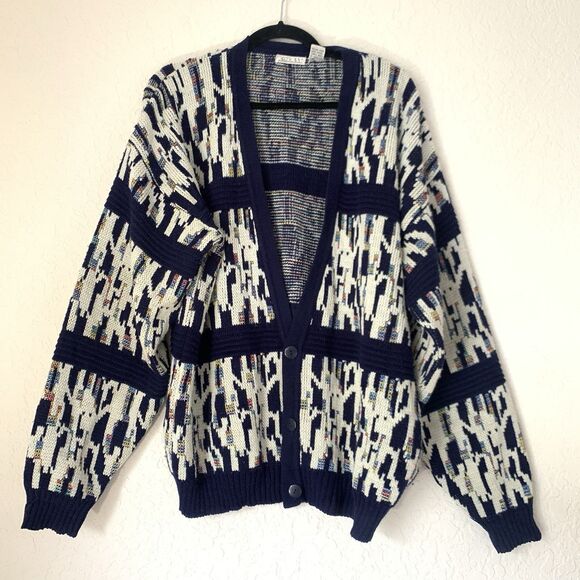 VTG Koman Sweater Cardigan Men XL Navy Blue Cream Abstract Button Grandpa Preppy - Picture 1 of 8